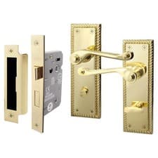 Image of Polished Brass Georgian Scroll Door Handles, Bathroom, Latch & Key Lock Sets