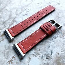 Image of Dark Orange Color Soft Leather Band Strap with White Stitches for Fitbit Ionic