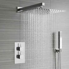 Image of Concealed Thermostatic Shower Mixer Square Chrome Bathroom Twin Head Valve Set