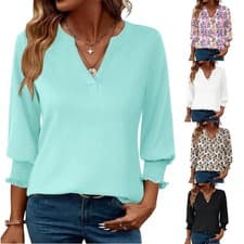Image of Womens Loose Fit V Neck Blouse 3/4 Length Sleeve Shirt Top with Smocked Cuffs