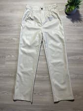 Image of Nasty Gal Cream Faux Leather Straight Leg Pleated Trousers High Waist Going Out