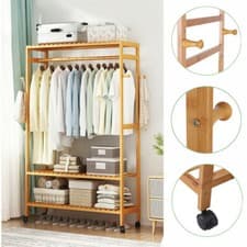 Image of Large Capacity Bamboo Garment Clothes Hanging Rack on Wheels & Top /Shoe Shelves
