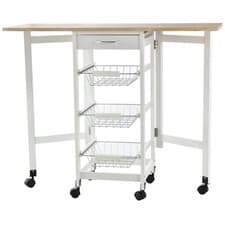 Image of HOMCOM Drop-Leaf Kitchen Trolley w/ 3 Baskets Drawer Surface Top 6 Wheels White