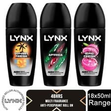 Image of Lynx Africa, Epic Fresh or Sunset Fresh Anti-Perspirant Roll On 50ml, 18 Pack