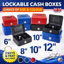 Image of Cash Box Metal Lockable Money Safe with Tray & 2 Keys 5" 6" 8" 10" 12"