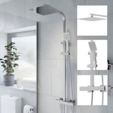 Image of Thermostatic Shower Mixer Square Chrome Bathroom Exposed Twin Head Valve Set