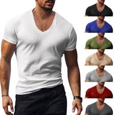 Image of Mens Short Sleeve V Neck T Shirt Summer Casual Slim Fit Muscle Tee Sport Tops UK