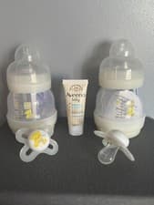 Image of 2 x New Mam baby bottles & 2 X new born Dummies. Size 0 Teats.