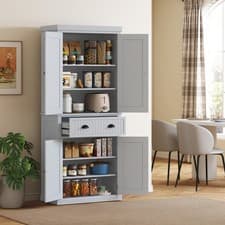 Image of Freestanding Kitchen Storage Cabinet W/ Drawer, Tall Pantry Cupboard, Grey
