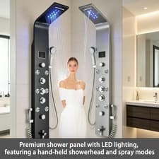 Image of LED Shower Panel Column Tower Body Jets Twin Head Bathroom Shower Black