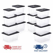 Image of Clear Plastic Storage Boxes with Black Lids Home Kitchen & Office Stackable Box