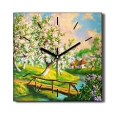 Image of Silent Wall Clock Canvas 30x30 Painting Countryside River Trees Flowers Nature