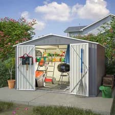 Image of Garden Shed 10X8FT Metal Apex Roof With Free Foundation Base Storage House Grey
