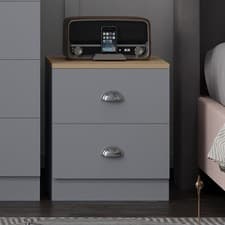 Image of Matt Grey 2 Drawer Bedside Cabinet Metal Cup Handles Bedroom Furniture Oak Top