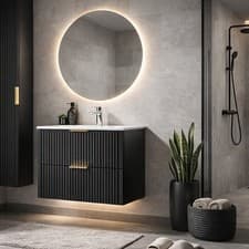 Image of Bathroom Vanity Unit with Basin 600mm Black Ribbed Fluted Modern Wall Hung Adel