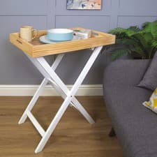 Image of Folding Butlers Tray & Stand Portable Wooden Side Table Food & Drink Serving