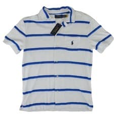 Image of Polo Ralph Lauren Terry Cloth Button Up Shirt Mens Small Blue White Striped Pony