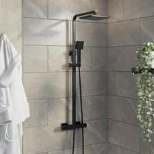 Image of Thermostatic Mixer Shower Bathroom Square Rainfall Dual Head Handset Matt Black