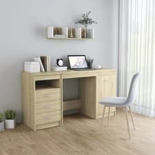 Image of Modern Wooden Large Home Office Computer Writing Desk With 3 Drawers Cupboard