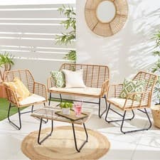 Image of Neo Garden Rattan Furniture Wicker Bamboo Style Cane Chair Table Cushion 4 Piece