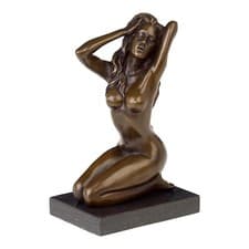 Image of Kneeling Nude Female Real Bronze on Marble Base Erotic Statue Sculpture 7.85 in