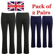 Image of 2 PACK LADIES BOOTLEG TROUSERS WOMENS BOOTCUT STRETCH FINELY RIBBED WORK BOTTOMS