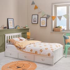 Image of Single Bed 3ft White Wooden With Drawers Low Sleeper Storage Solid Pine Frame