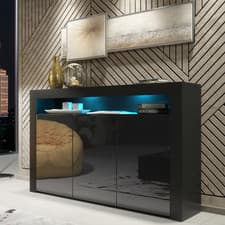 Image of 155cm Sideboard TV Stand Cupboard Cabinet | Black High Gloss Doors | Free LED