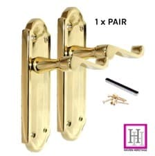 Image of Latch Door Handles Brass Finish Ashford Style Ashworth Interior Scroll Lever