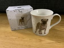 Image of CUTE PUG MUG CUP WAGGY TAILS FINE CHINA GIFT BOXED DOG LOVER NEW FREE P&P