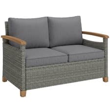 Image of Outsunny 2 Seater Rattan Garden Sofa with Acacia Wood Armrests, Grey Refurbished