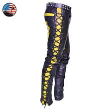 Image of Men's Real Leather Bikers Pants Side And Front Laces Up Yellow Leather Pants