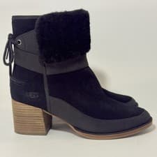 Image of UGG Kirke Suede Brushed Leather Shearling Stacked Heel Booties Black Ankle Boots