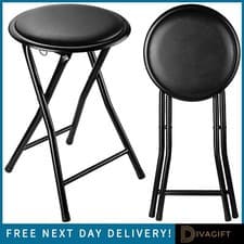 Image of BLACK FOLDING STOOL SOFT PADDED CUSHIONED SEAT FOLDING FREESTANDING METAL FRAME