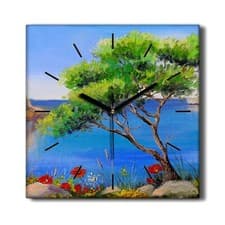 Image of Canvas Kitchen Clock Print 30x30 Painting Flowers Tree Sea Nature Sky Wall