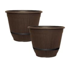 Image of 2Pc Round Brown Cask Bell Planter 35cm Plastic 17L Outdoor Garden Plant Pot Band