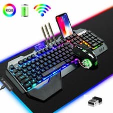 Image of Rechargeable Wireless Gaming Keyboard and Mouse RGB Backlit Set & Mat 32.5x12in