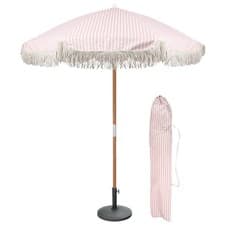 Image of 1.4M Tassel Fringed Wooden Garden Parasol & Base Set Sunshade Patio Umbrella