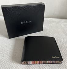 Image of Paul Smith Billfold & Coin Leather Wallet in Black w. Signature Stripe Interior