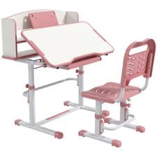 Image of ZONEKIZ Height Adjustable Kids Desk and Chair Set, with Drawer, Bookshelf, Pink