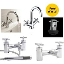 Image of Bathroom Mono Basin Sink Mixer Tap Waste Modern Cross Head Handle Curved Spout