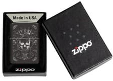 Image of Genuine HIGH POLISH BLACK ZIPPO Lighter 46699 ROYAL SKULL KING CROWN BNIB