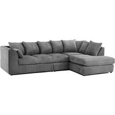 Image of Grey Jumbo Cord 5 Seater Corner Sofa L Shape Couch with Footstool Large Suite