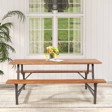 Image of Solid Outdoor Wood Patio Dining Table and Bench Picnic Table Bench Set