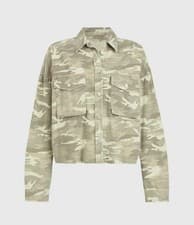 Image of AllSaints Green Sol Camouflage Denim Shirt Jacket Size 8 Cropped Camo Shacket