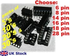 Image of IC Sockets 6 8 14 16 18 28 pin DIL DIP socket 5, 10, 20 or 30 pack - UK Stock