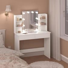 Image of White Dressing Table Vanity Makeup Desk with Dimmable LED Bulbs Mirror 2 Drawers