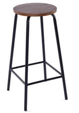 Image of Two Bar Stools Elm Wood Round Seat Pad Metal Frame Legs Natural & Black Finish