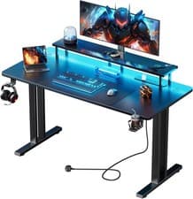 Image of Gaming Desk with LED Lights & Power Outlet, Computer Desk with Monitor Stand