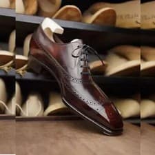 Image of Handmade Goodyear Welted Brown Leather Wingtip Brogue Oxford Lace Up Men's Shoe